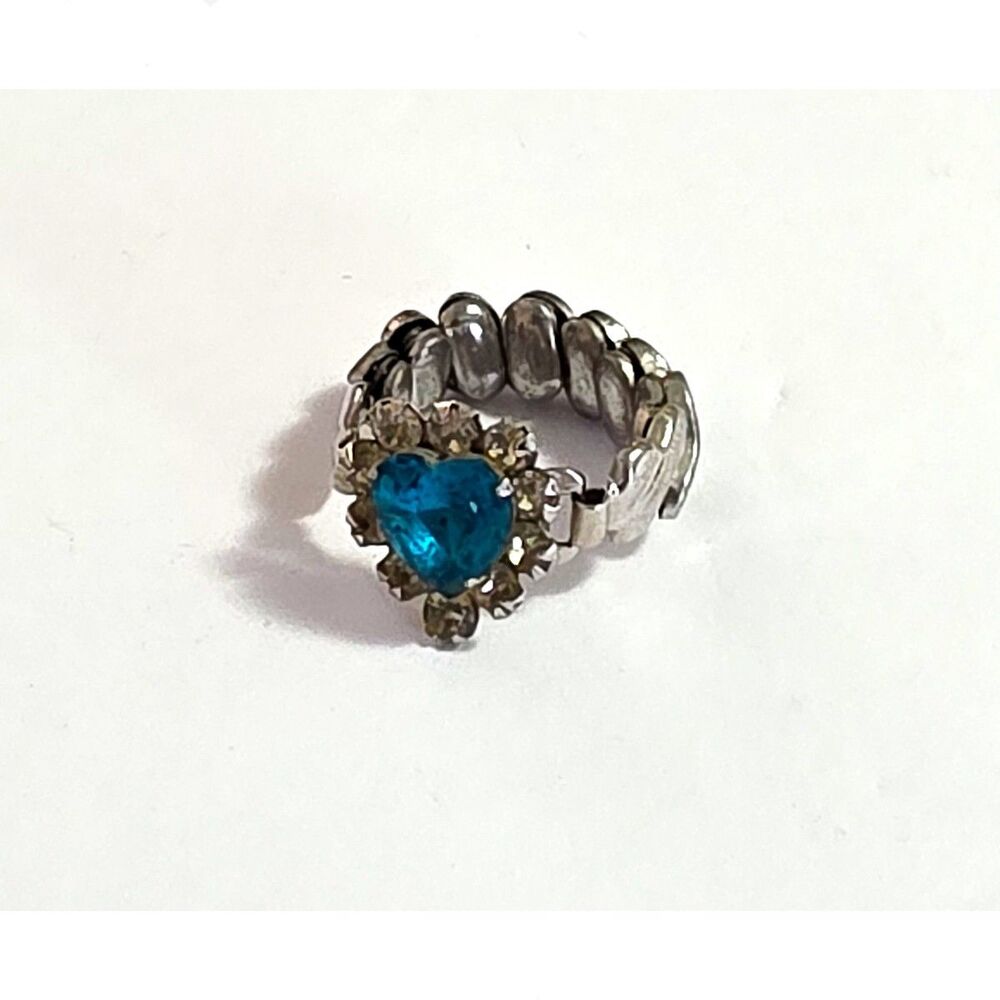 Vintage 50s Expansion band child's ring sweetheart silver-tone aqua stone